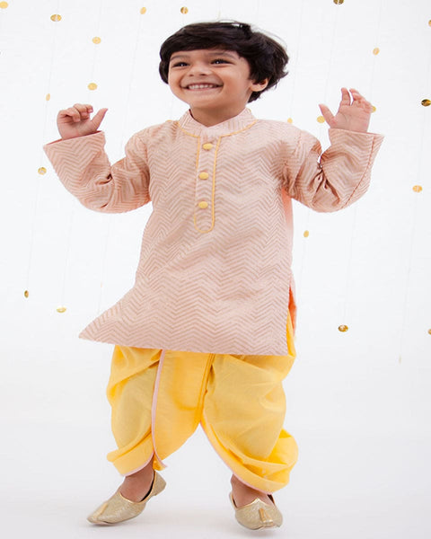 Pre-Order: Peach Zik Zak Gota Kurta & Yellow Dhoti