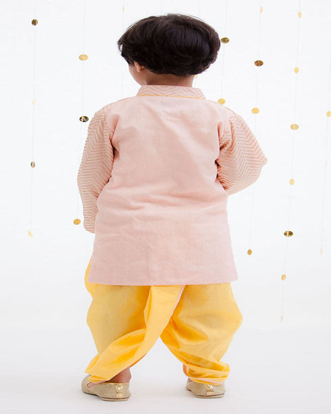 Pre-Order: Peach Zik Zak Gota Kurta & Yellow Dhoti
