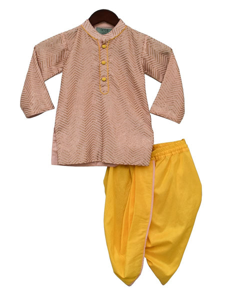 Pre-Order: Peach Zik Zak Gota Kurta & Yellow Dhoti