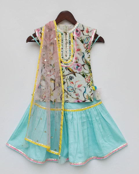 Pre-Order: Peacock Printed Kurti with Blue Sharara and Dupatta