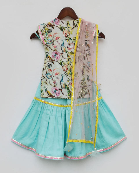 Pre-Order: Peacock Printed Kurti with Blue Sharara and Dupatta