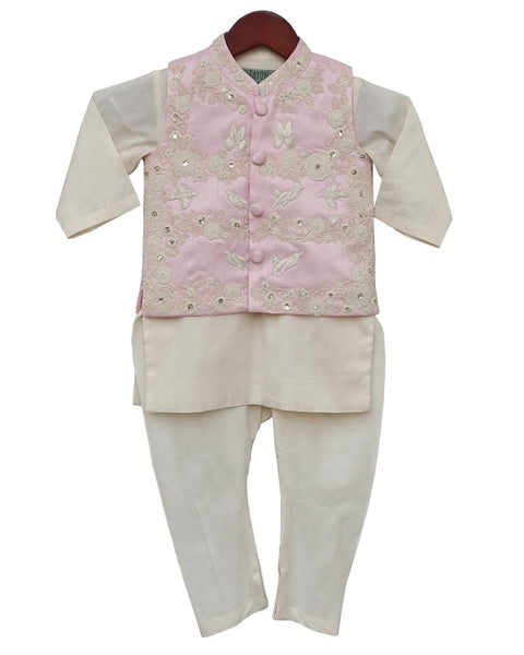 Pre-Order: Pink Embroidery Jacket with Off-White Kurti and Churidar