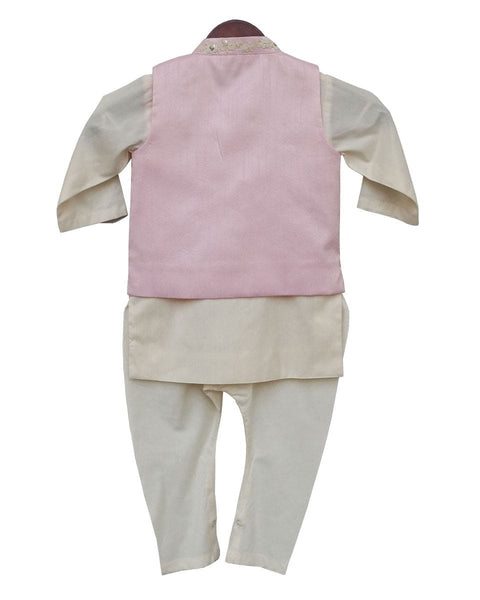Pre-Order: Pink Embroidery Jacket with Off-White Kurti and Churidar