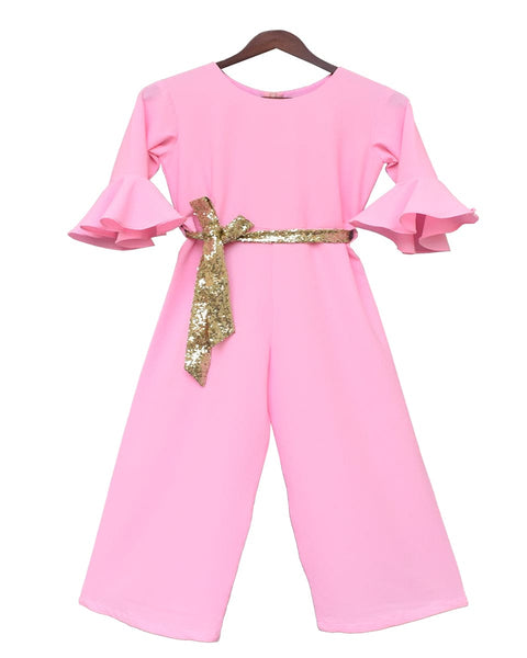 Pre-Order: Pink Georgette Jumpsuit with Gold Sequence Belt
