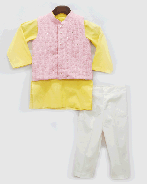 Pre-Order: Pink Lucknowi Nehru Jacket with Yellow Kurta and Pant