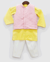 Pre-Order: Pink Lucknowi Nehru Jacket with Yellow Kurta and Pant