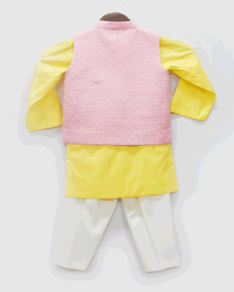 Pre-Order: Pink Lucknowi Nehru Jacket with Yellow Kurta and Pant