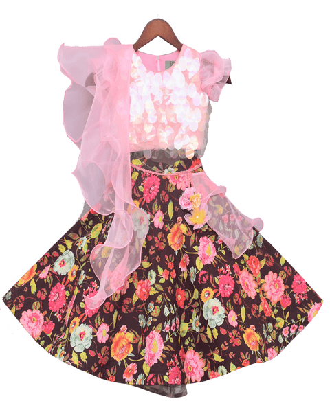 Pre-Order: Pink Sequence Choli with Printed Lehenga