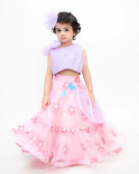 Pre-Order: Pink Flowers Net Lehenga with Lilac Net Choli