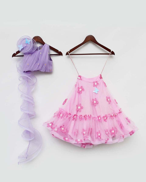 Pre-Order: Pink Flowers Net Lehenga with Lilac Net Choli