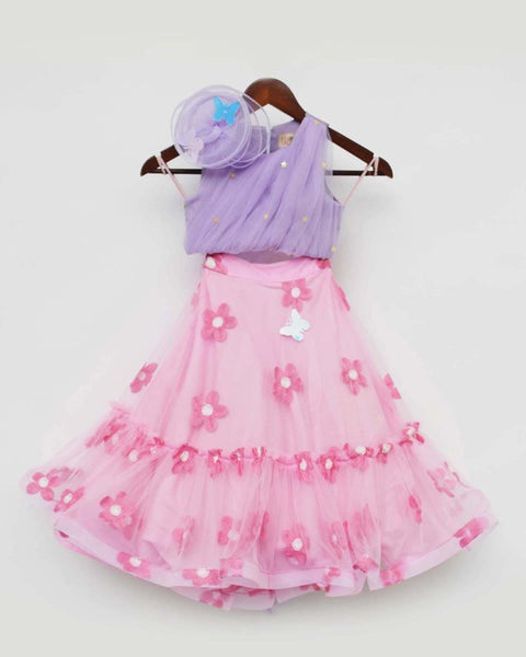 Pre-Order: Pink Flowers Net Lehenga with Lilac Net Choli