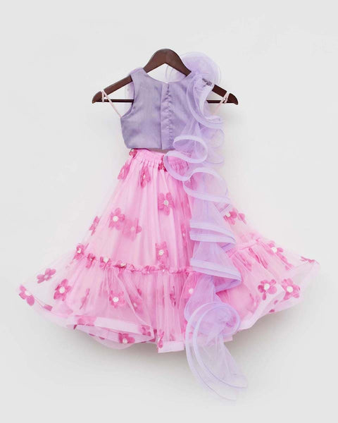 Pre-Order: Pink Flowers Net Lehenga with Lilac Net Choli