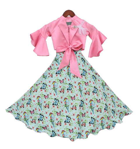 Pre-Order: Pink Knotted Top with Printed Lehenga