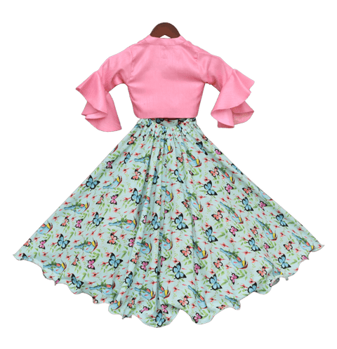 Pre-Order: Pink Knotted Top with Printed Lehenga