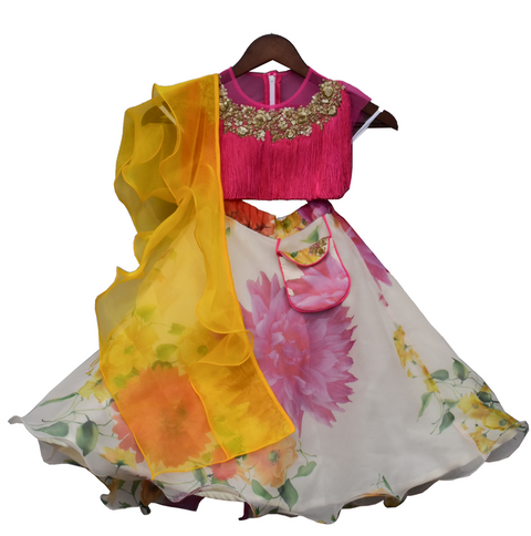 Pre-Order: Pink Tassal Choli with Organza Lehenga