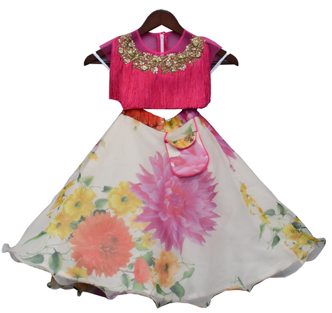 Pre-Order: Pink Tassal Choli with Organza Lehenga