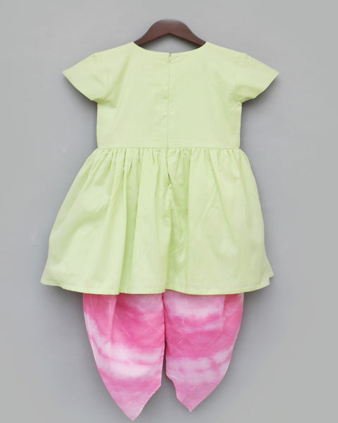 Pre-order: Pista Green Kurti with Boota and Pink Dhoti