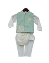 Pre-Order: Pista Green Embroidery Nehrujacket with Kurta & Churidar
