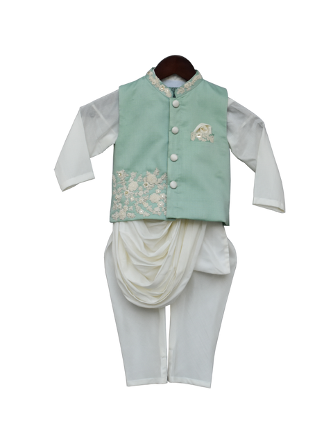Pre-Order: Pista Green Embroidery Nehrujacket with Kurta & Churidar