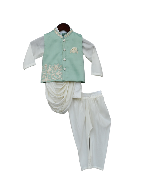 Pre-Order: Pista Green Embroidery Nehrujacket with Kurta & Churidar