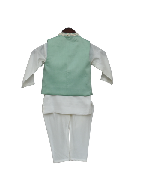 Pre-Order: Pista Green Embroidery Nehrujacket with Kurta & Churidar