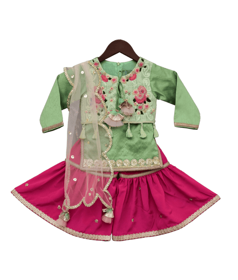 Pre-Order: Pista Green Kurti with attached Phulkari Jacket & Sharara