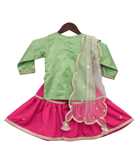 Pre-Order: Pista Green Kurti with attached Phulkari Jacket & Sharara