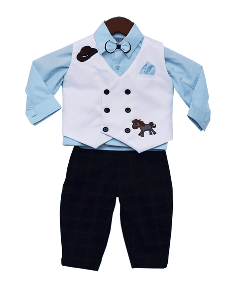 Pre-Order: Powder Blue Shirt with Black Check Pant & White Horse Print Waist Coat