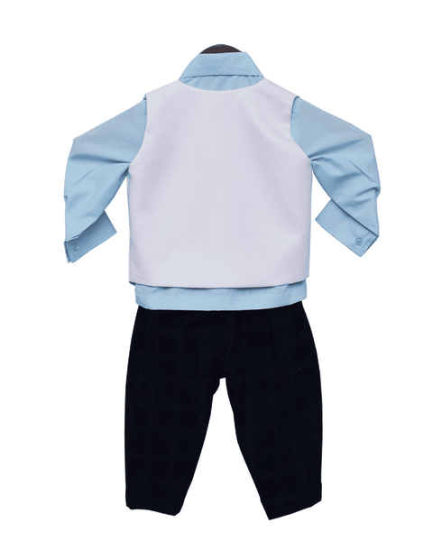 Pre-Order: Powder Blue Shirt with Black Check Pant & White Horse Print Waist Coat