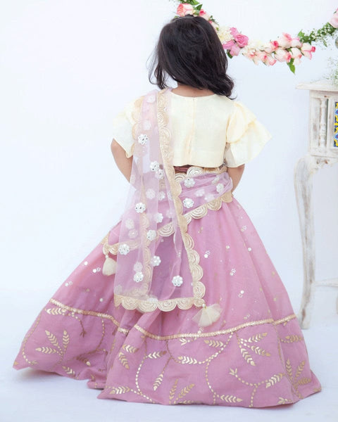 Pre-Order: Purple Chanderi Lehenga with Yellow Choli and Pink Dupatta