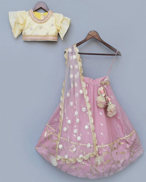 Pre-Order: Purple Chanderi Lehenga with Yellow Choli and Pink Dupatta