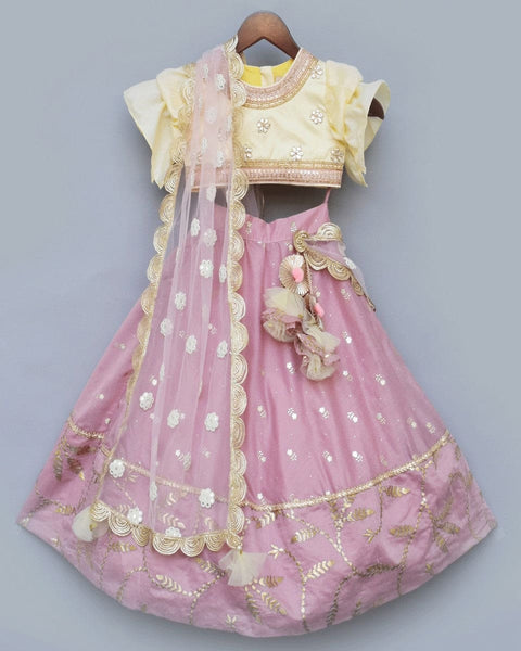 Pre-Order: Purple Chanderi Lehenga with Yellow Choli and Pink Dupatta