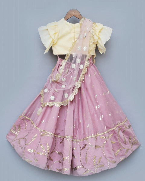 Pre-Order: Purple Chanderi Lehenga with Yellow Choli and Pink Dupatta