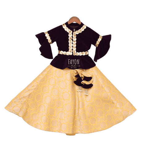 Pre-Order: Purple Velvet Peplum Choli with Yellow Brocade Lehenga
