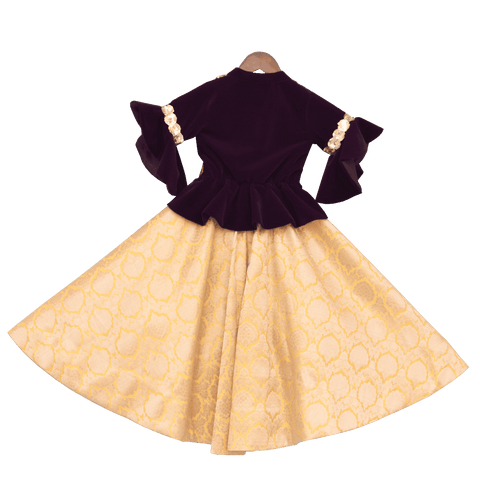 Pre-Order: Purple Velvet Peplum Choli with Yellow Brocade Lehenga