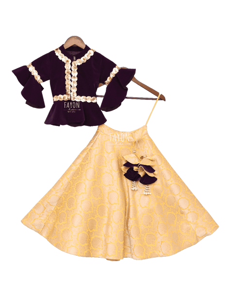 Pre-Order: Purple Velvet Peplum Choli with Yellow Brocade Lehenga