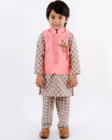 Pre-Order: Printed Kurta Printed Pant and Peach Jacket