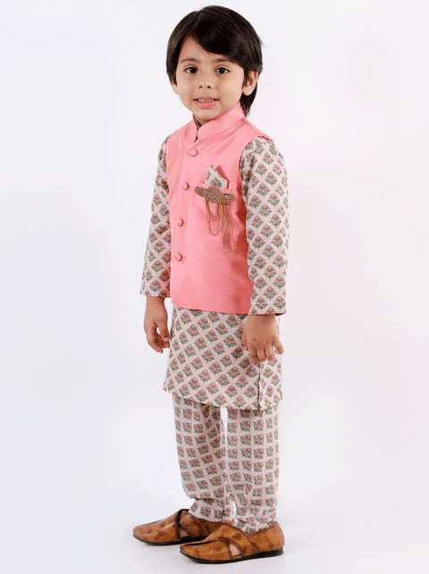 Pre-Order: Printed Kurta Printed Pant and Peach Jacket