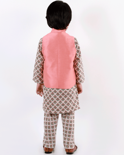Pre-Order: Printed Kurta Printed Pant and Peach Jacket