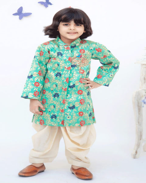 Pre-Order: Rama Green Brocade Ajkan with Dhoti