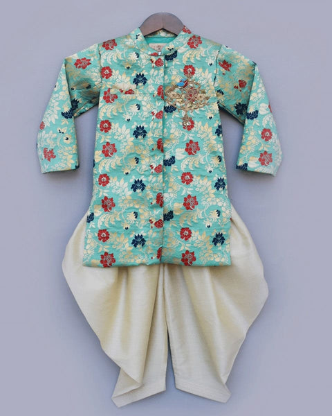 Pre-Order: Rama Green Brocade Ajkan with Dhoti