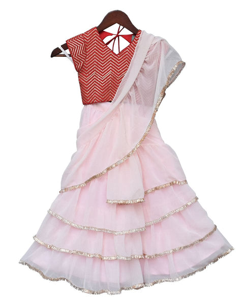 Pre-Order: Red Embroidery Choli with Pastel Pink Saree