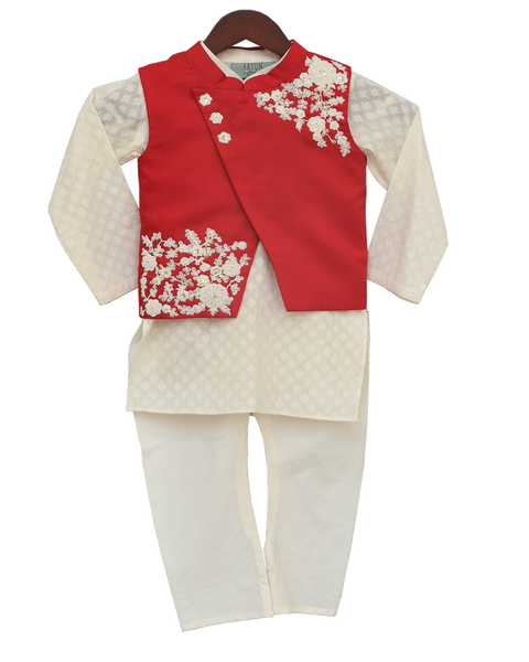 Pre-Order: Red Embroidery Nehru Jacket with Kurta & Churidar