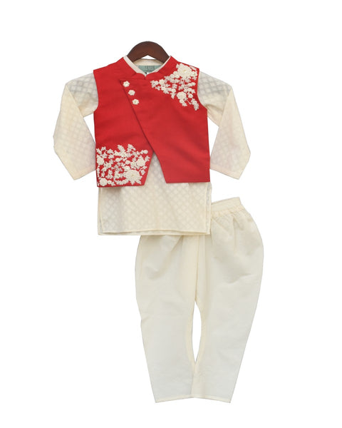 Pre-Order: Red Embroidery Nehru Jacket with Kurta & Churidar