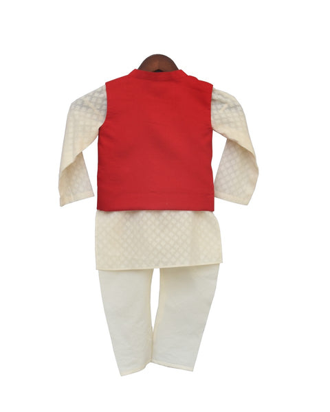 Pre-Order: Red Embroidery Nehru Jacket with Kurta & Churidar