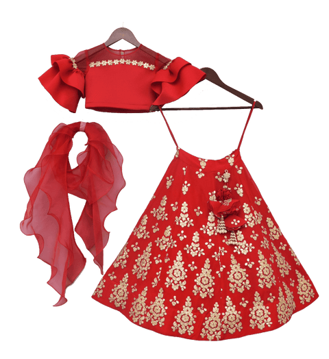 Pre-Order: Red Lycra Choli with Red Gota Lehenga