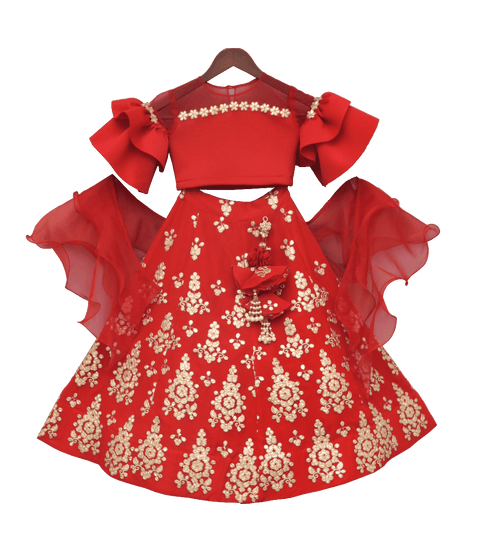 Pre-Order: Red Lycra Choli with Red Gota Lehenga