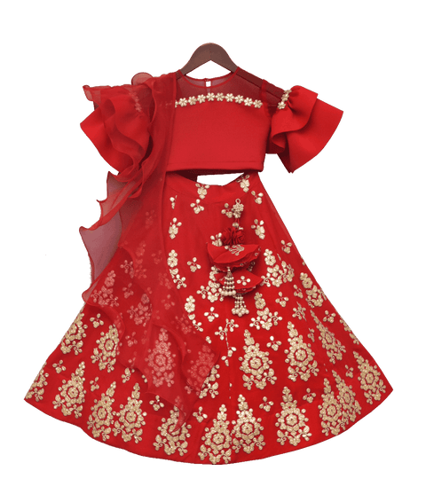 Pre-Order: Red Lycra Choli with Red Gota Lehenga