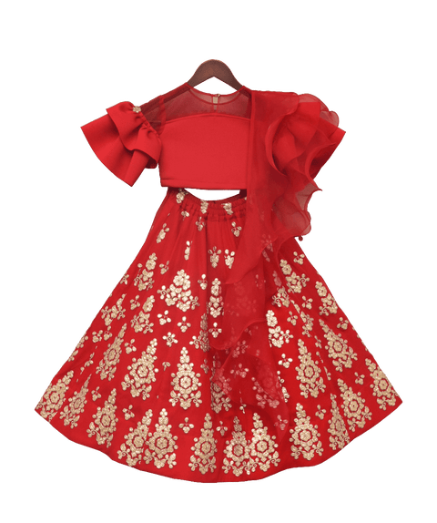 Pre-Order: Red Lycra Choli with Red Gota Lehenga