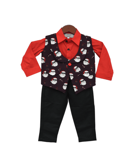 Pre-Order: Santa Claus Print Waist Coat with Pant & Shirt